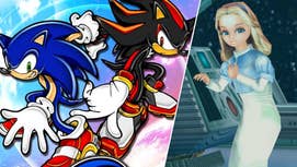 On the left, Sonic Adventure 2 key art of Sonic and Shadow both pulling cool poses. On the right, Maria in Sonic Adventure 2, stood in front of a command console on a space station.