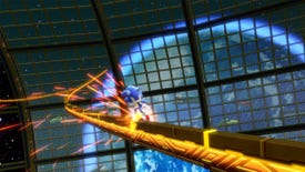 Sonic grinding on a rail in Sonic Colors Ultimate.