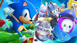 Classic Sonic is running a long a grassy path, looking into the camera in Sonic Superstars. A bunch of Fall Guys beans in different costumes are jumping towards something off screen.