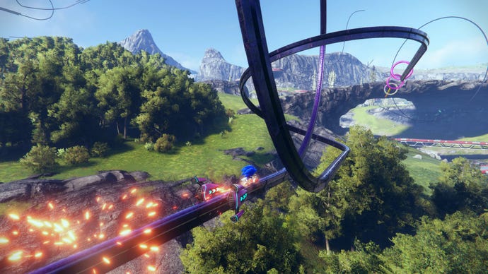 Sonic glides on rails in Sonic Frontiers.