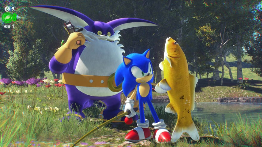 Sonic proudly raises a yellow carp he’s just caught as Big The Cat stands in the background in Sonic Frontiers.