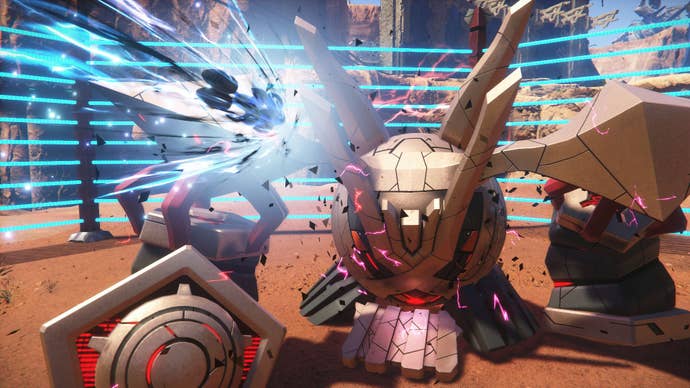 Sonic Frontiers preview - a boss fight against a metal foe in a kind of wrestling ring made of lasers