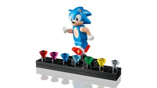 Sonic Lego figure with seven Chaos Emeralds