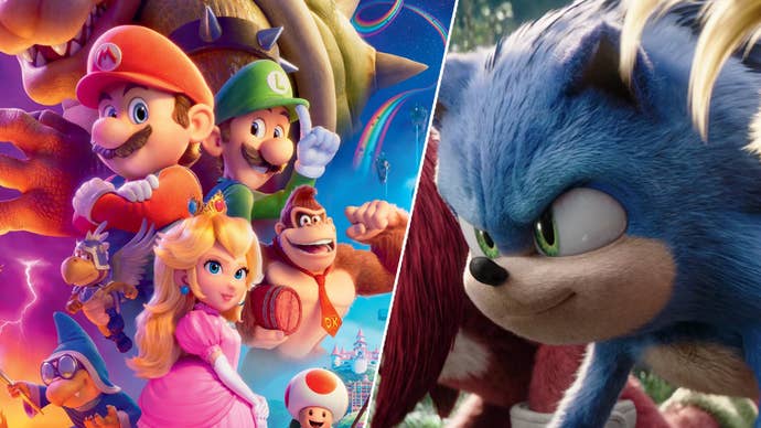 On the left, a poster for the Super Mario Bros. Movie showing the titular brothers, alongside Peach, Donkey Kong, and other characters. On the right, Sonic from Sonic the Hedgehog 3 is crouching ready to race against Knuckles and Tails.