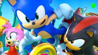 Sonic Rumble promotional art showing Sonic and Shadow fighting over a gold ring while Amy looks surprised in the background.