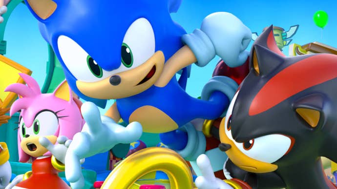 Sonic Rumble promotional art showing Sonic and Shadow fighting over a gold ring while Amy looks surprised in the background.