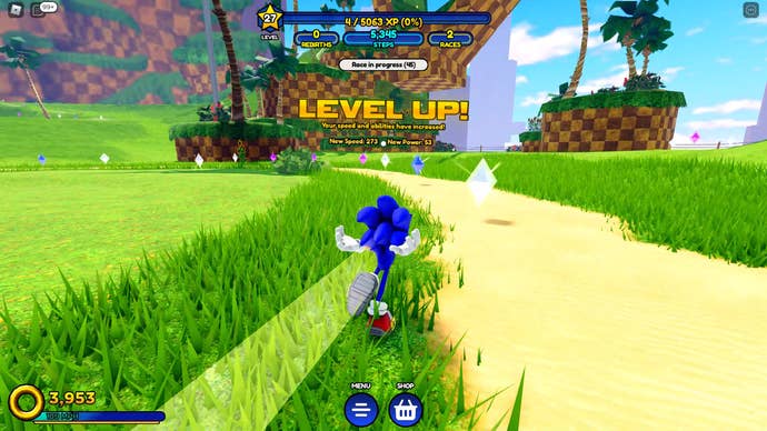 Sonic Speed Simulator review - Sonic running while the “Level Up!” notification appears overhead.