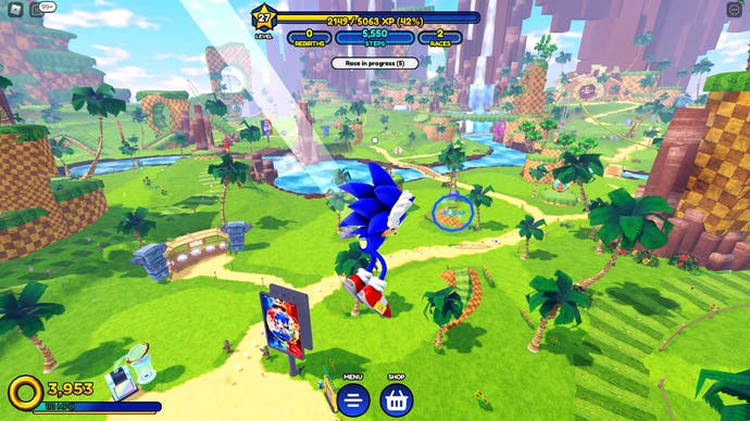 Sonic Speed Simulator review - Sonic falling through the air above a giant, green, grassy open world.
