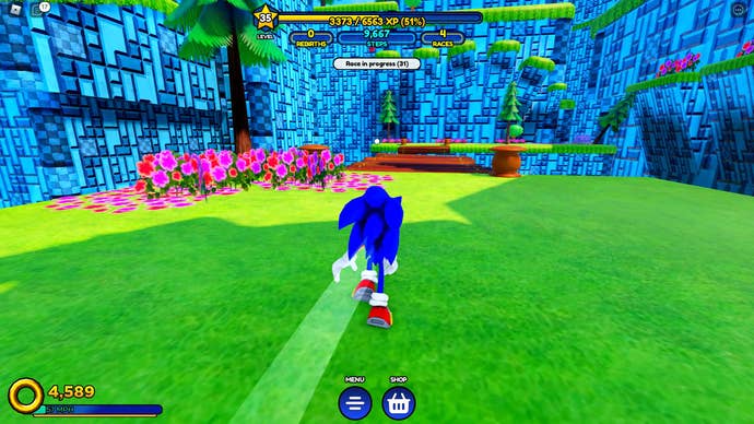 Sonic Speed Simulator review - Sonic running forwards towards some strange blue walls that look like they’re made of all-blue Tetrominos.