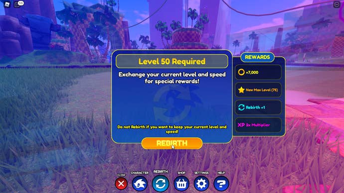 Sonic Speed Simulator review - a pop-up reading: “Level 50 Required. Exchange your current level and speed for special rewards!” with the option to click “Rebirth”.