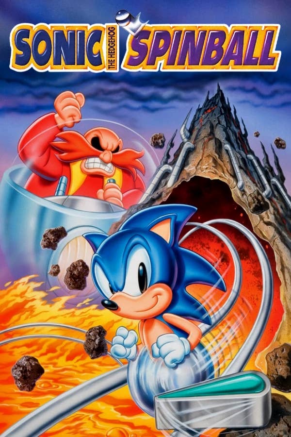 Sonic Spinball cover art; the blue blur runs down a pinball track, Eggman shakes his fist in rage behind him. In the distance, a volcano lair.