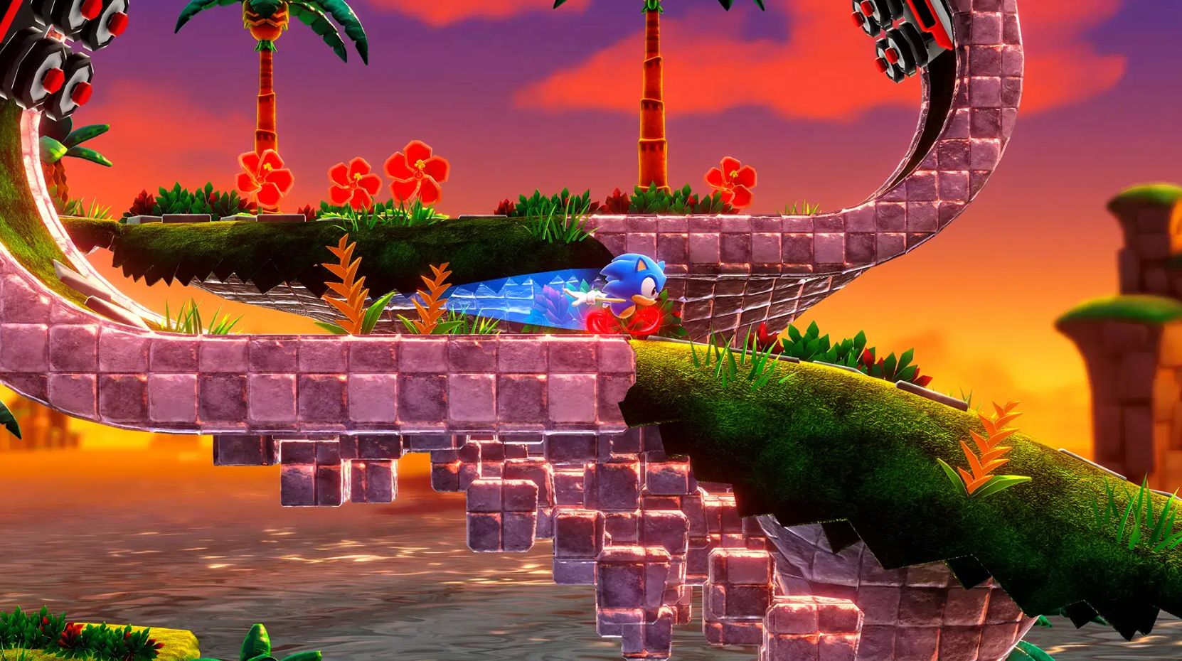 Sonic runs against a setting sun in Sonic Superstars.