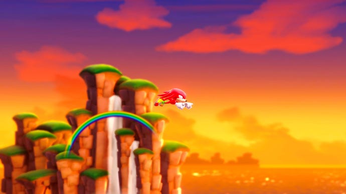 Knuckles superman's through the air, with a lovely orange backdrop in Sonic Superstars.
