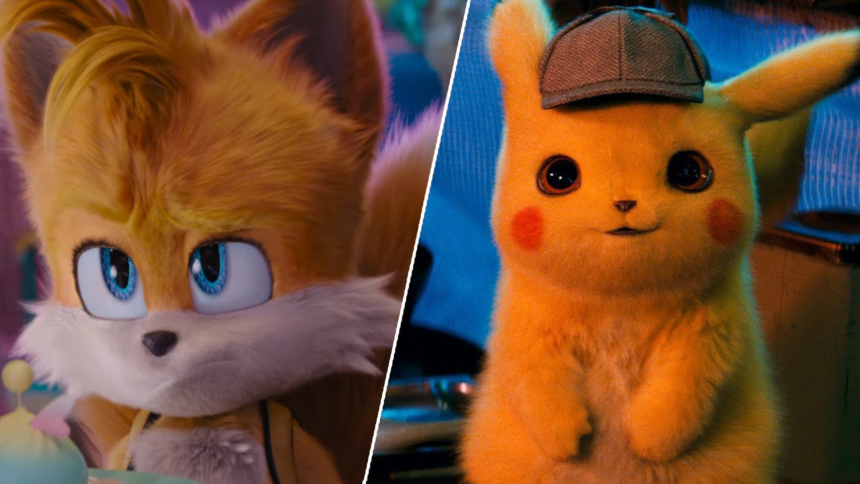 On the left, Tails from the Sonic the Hedgehog 3 movie, he looks disgruntled. On the right, Pikachu from Detective Pikachu, he's smiling and his wearing a Sherlock Holmes-like hat. - 1