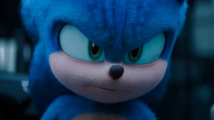 A shot from the Sonic the Hedgehog 3 movie, showing a close-up of Sonic with a serious expression on his face.