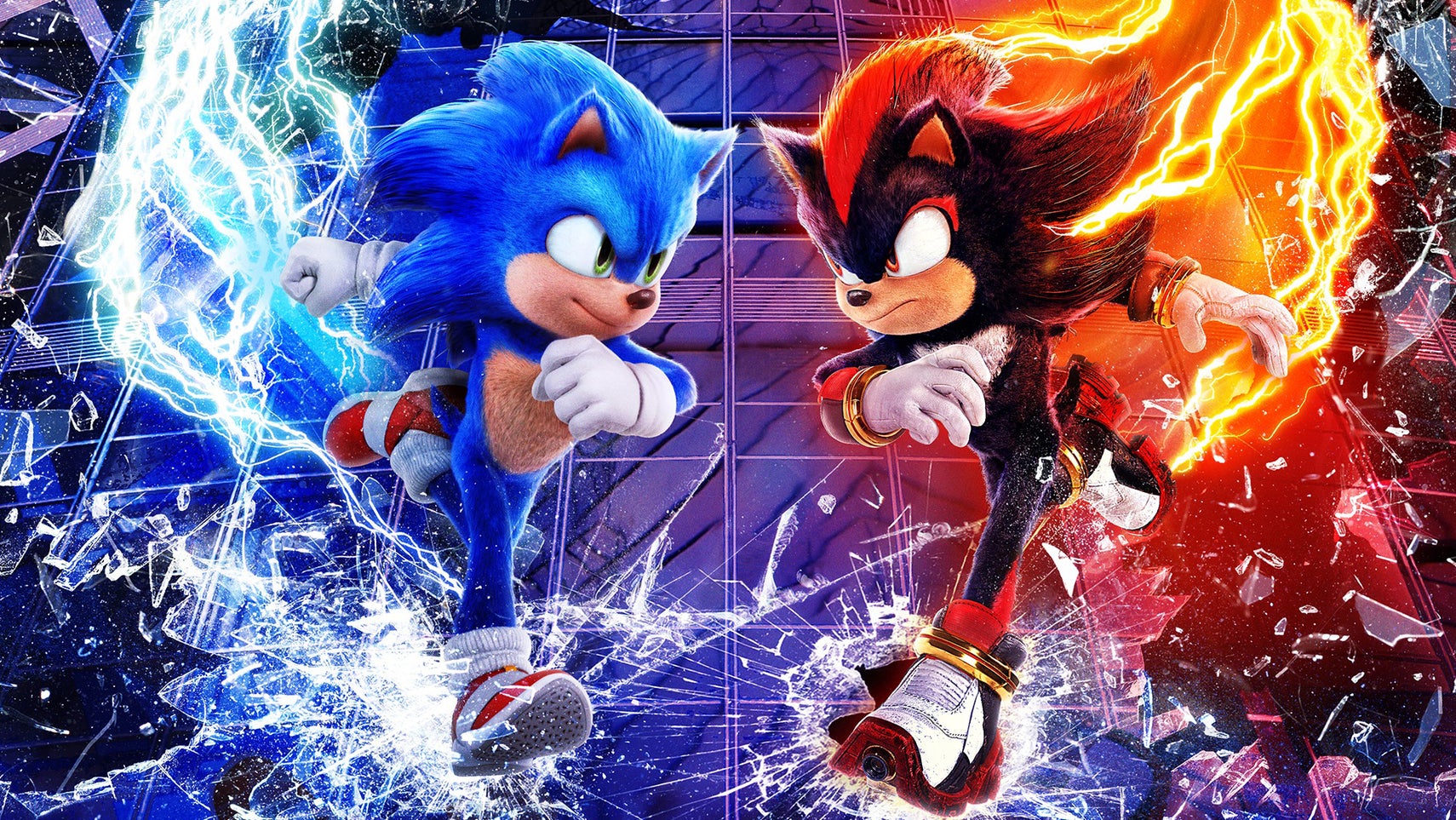 A poster for Sonic the Hedgehog 3 showing Sonic and Shadow racing towards each other, colourful aura streaks following behind them. - 1