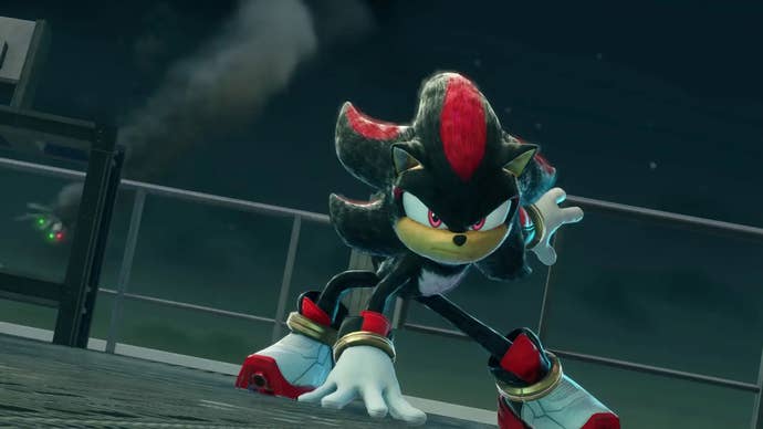 Shadow the Hedgehog in Sonic X Shadow Generations, he looks like the movie version of the character, and is crouched with one hand touching the ground.