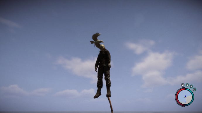 A screenshot of Sons Of The Forest showing a man’s body impaled on a spike, with a seagull worrying his head