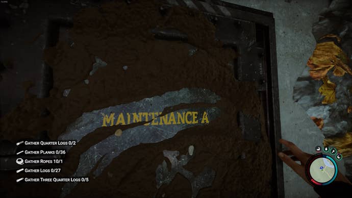 Sons of the forest bunker locations: A large metal hatch takes up the center of the photo, with the words Maintenance A painted in yellow on the front