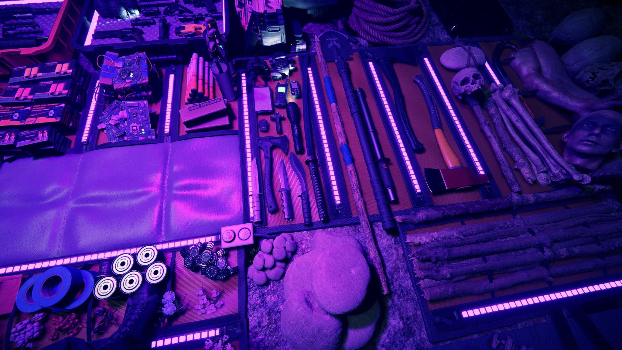 An impressive inventory of weapons and items under UV light in a Sons Of The Forest screenshot. - 6