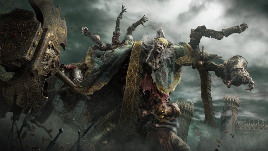 Godrick the Grafted attacks with a hammer.