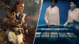 Aloy in Horizon Zero Dawn alongside some people from Sony's future video.