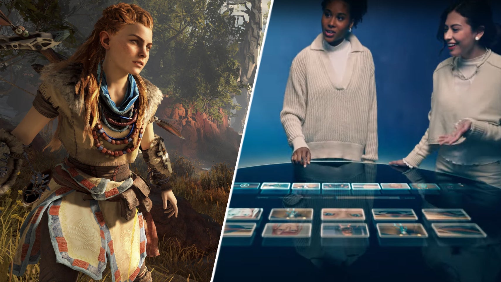 Aloy in Horizon Zero Dawn alongside some people from Sony's future video. - 1
