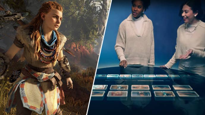 Aloy in Horizon Zero Dawn alongside some people from Sony’s future video.