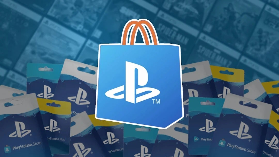 An image of a blue shopping bag with a PlayStation logo on it, against a background of piled up PSN code cards and a cat