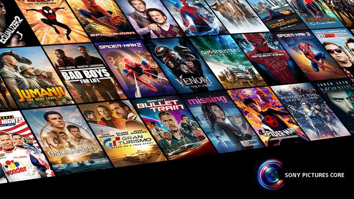 DVD covers for a range of films available to watch on Sony Pictures Core including Spider-Man, Uncharted, Gran Turismo