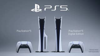 The PS5 slim disc and discless versions stood vertically side by side with Dualsense controllers. A disclaimer in the corner reads "vertical stand sold separately".