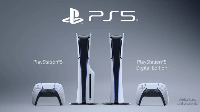 The PS5 slim disc and discless versions stood vertically side by side with Dualsense controllers. A disclaimer in the corner reads “vertical stand sold separately”.