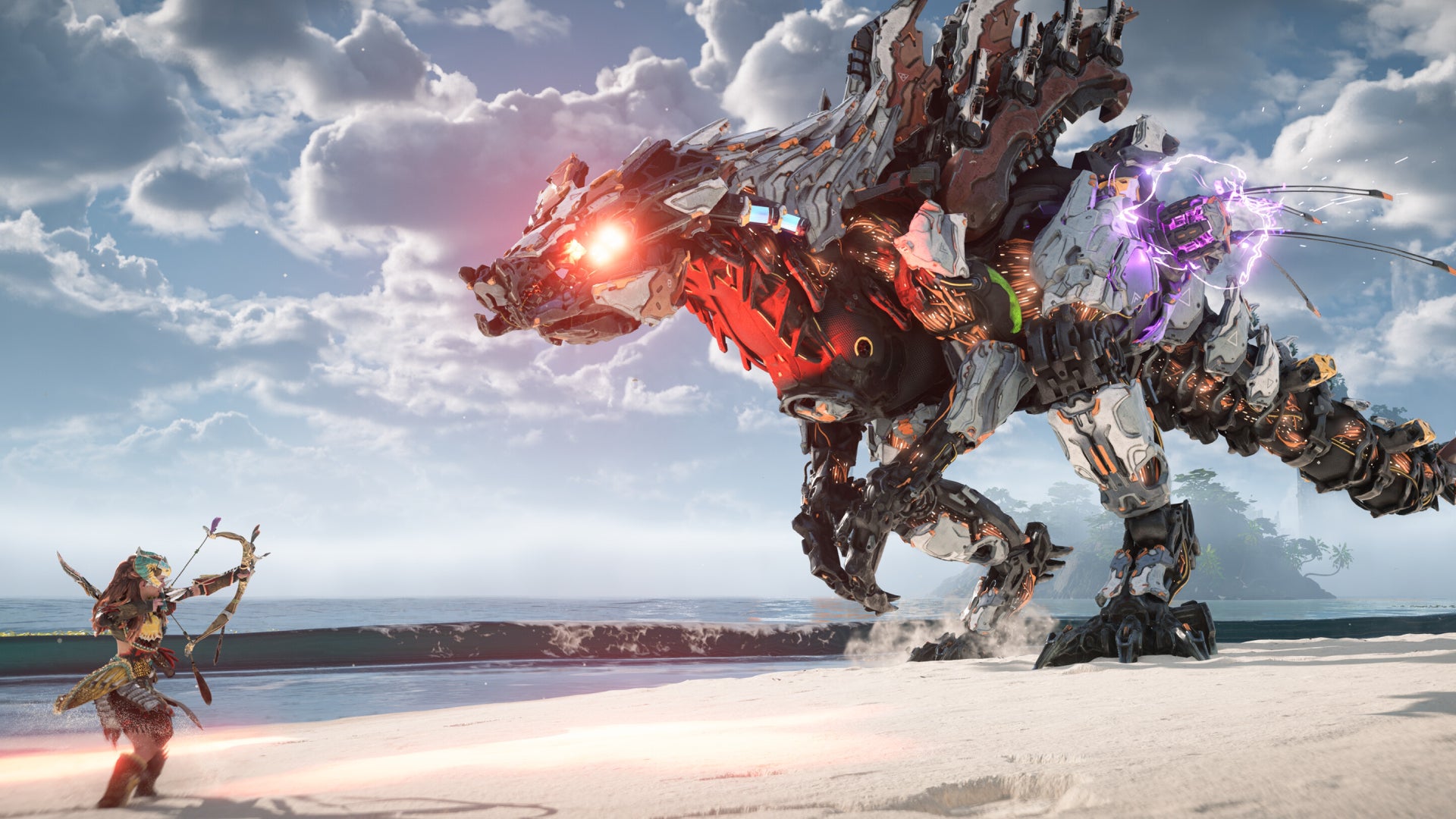 Aloy firing an arrow astatine a large robo-dino successful Horizon Forbidden West.