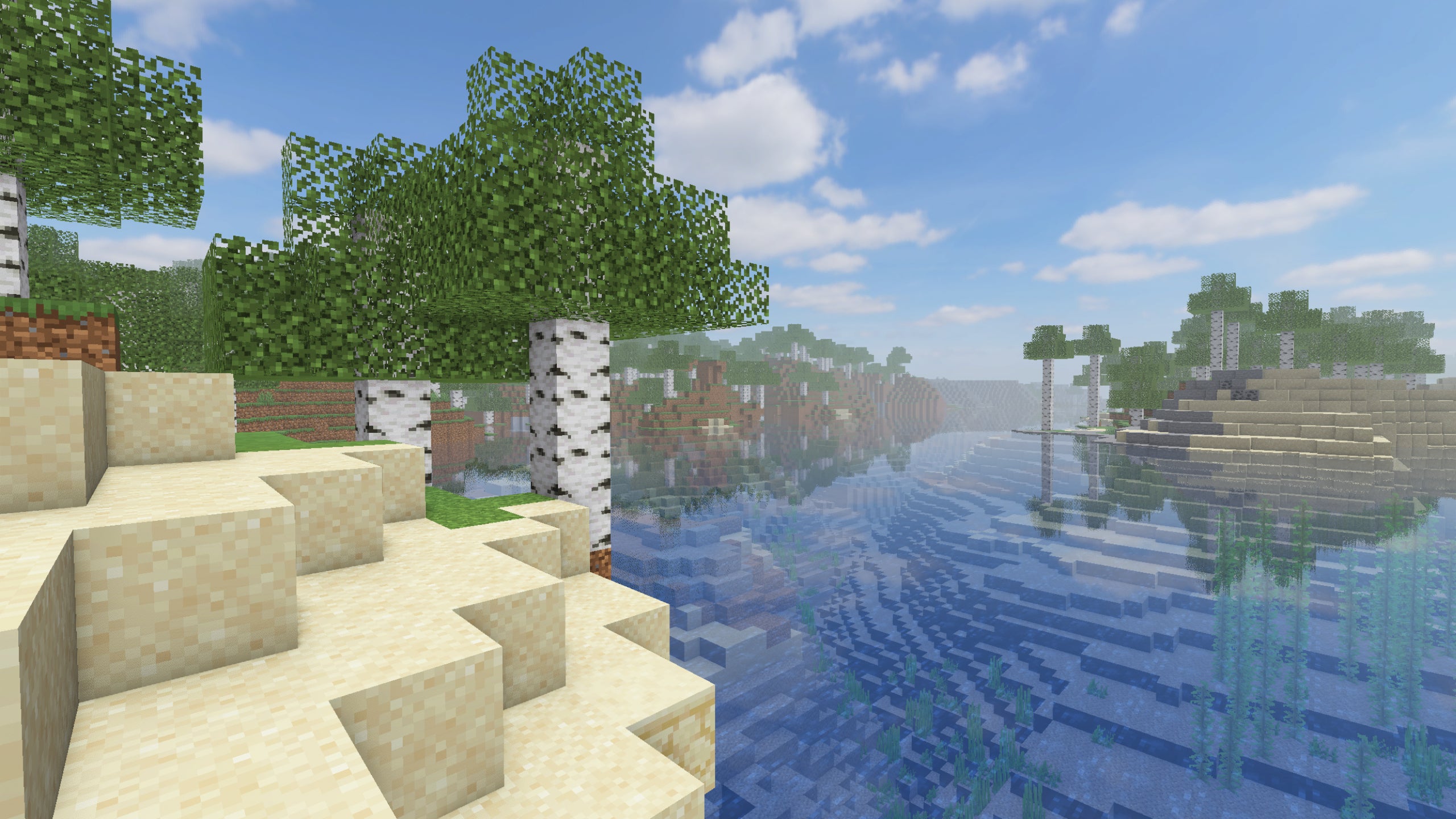 A birch forest on the edge of a river in Minecraft with Sora Shaders installed.