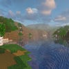 A screenshot of a river in Minecraft, with some trees on either side of the bank and a hill in the distance, taken using Sora shaders.