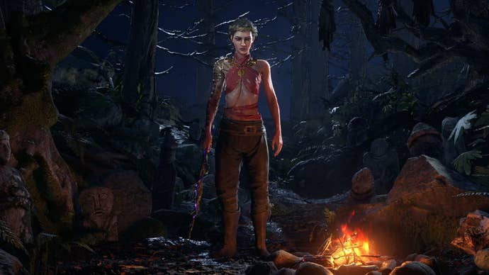 The Sorceress stands by a fire in the Path of Exile 2 character select screen.