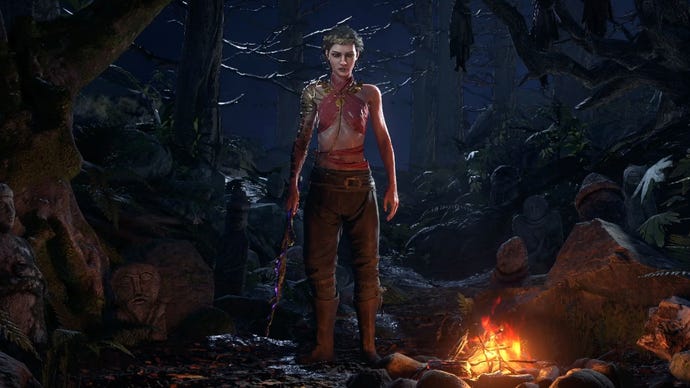 The Sorceress stands by a fire in the Path of Exile 2 character select screen.