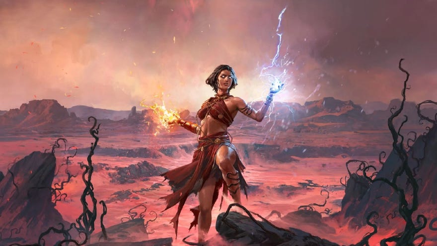 Artwork showing the Sorceress in Path of Exile 2. She holds fire and ice energy in her hands and stands over a destroyed wasteland.