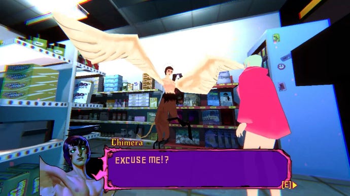 A winged centaur rears up and shouts at a woman in a convenience store in Sorry We’re Closed