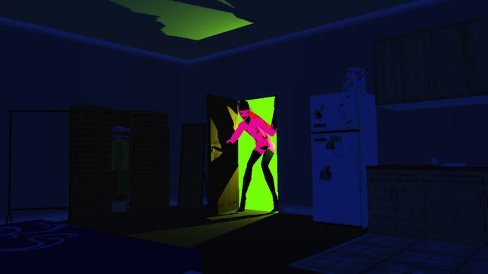 A hot pink demon steps through a small door illuminated with bright green light in Sorry We're Closed.