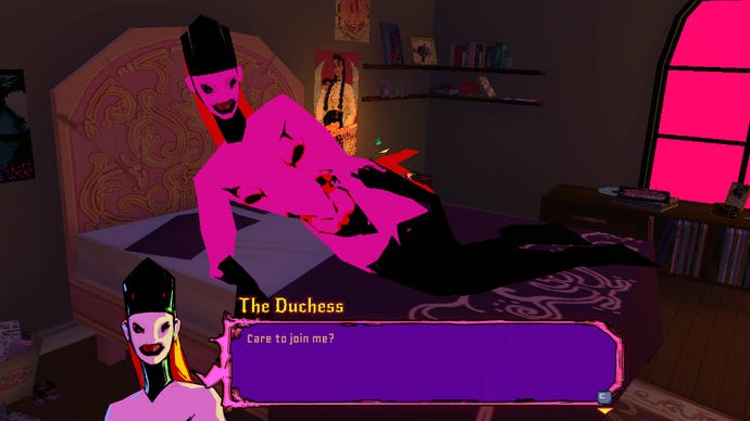 The Duchess, a slender, tall pink demon lies across your bed seductively and says, “Care to join me?"
