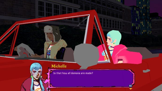Michelle and Robyn ride in an open topped car, with Michelle asking Robyn whether that’s how demons are made.
