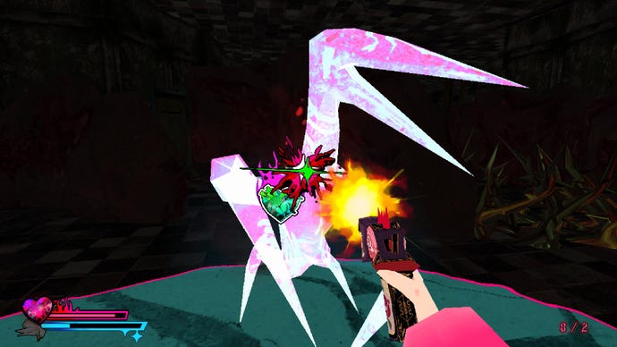 Shooting a pterodactyl-looking demon in the heart with a pistol.
