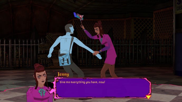 An ax murderer named Jenny threatens a man for money.