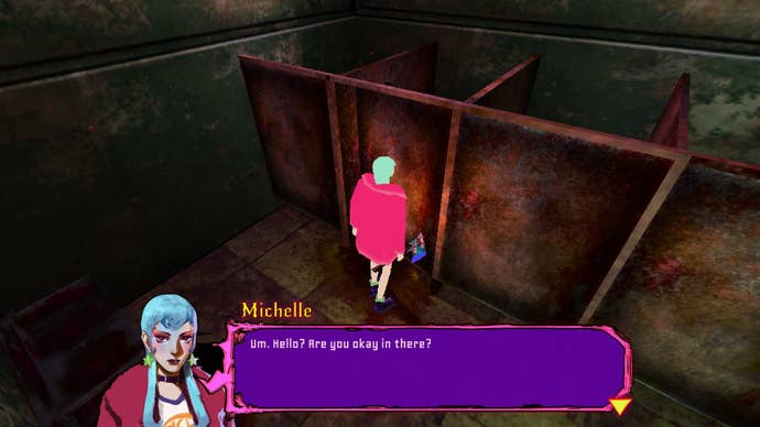 Michelle, the protagonist of Sorry We’re Closed, asks someone if they are okay through a bathroom stall door in a grimey bathroom.