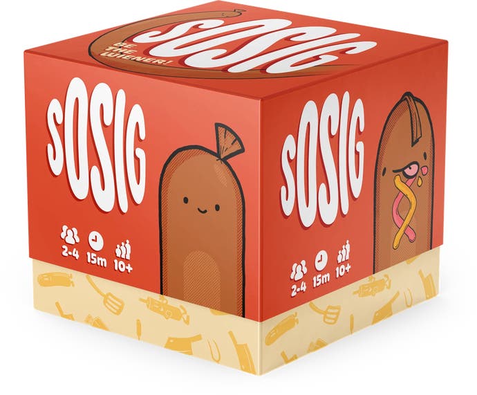 The box for the card game Sosig, which is a game about sausages. It has a big friendly-faced sausage on it. What a world we live in.