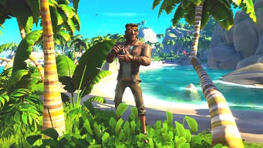 A Sea of Thieves screenshot showing a scruffy pirate staring at the camera against a tropical backdrop of blue skies and swaying palms.