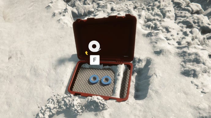 An open container with 2 Duct Tape inside, lying on the snow in Sons Of The Forest.