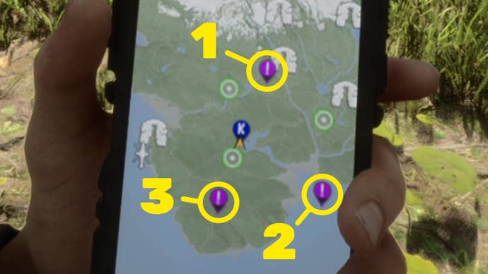 A close-up of the GPS map in Sons Of The Forest, with the three purple markers highlighted and ordered.