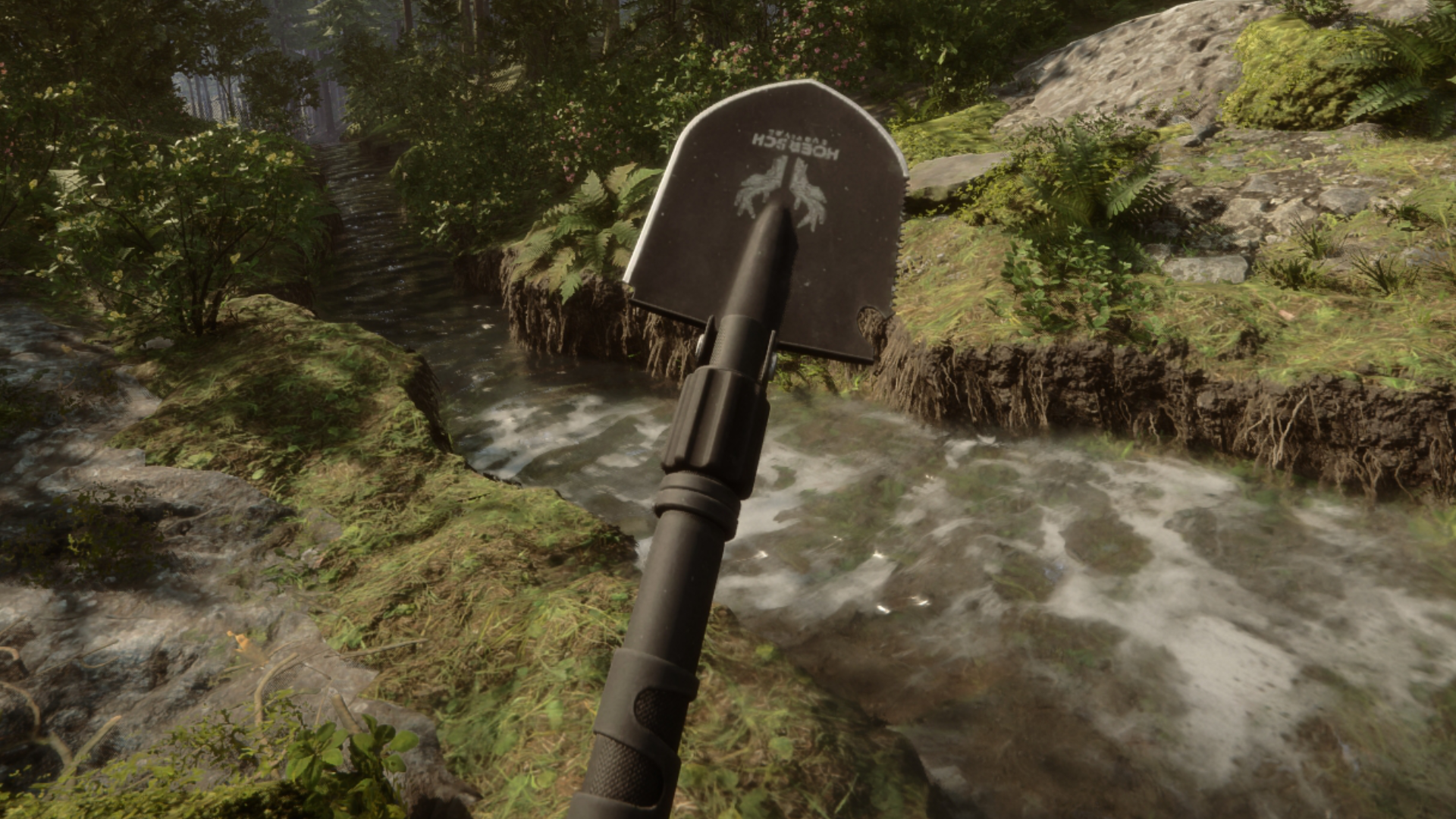 A screenshot of the Shovel in Sons Of The Forest, held aloft by the player next to a stream in the forest.